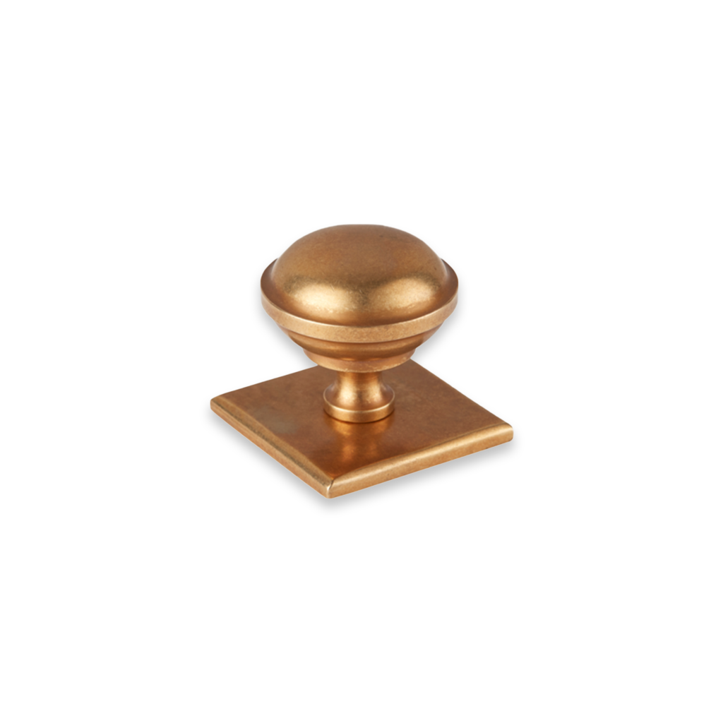 Queslett Solid Brass Round Cabinet Knob on Square Plate