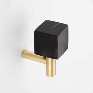 Polished Solid Brass & Black Cattle Horn Cabinet Pull or Wall Hook – 202